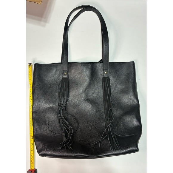 Black Fringe Tote Bag w/ Matching Wallet Large PU Leather Suede Lined Boho - Picture 1 of 10